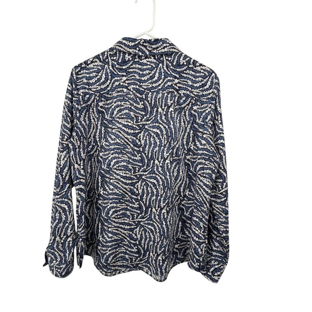 Foxcroft No-Iron Shirt Women's 14 Blue Black White Print Long Sleeve Used - Picture 2 of 12
